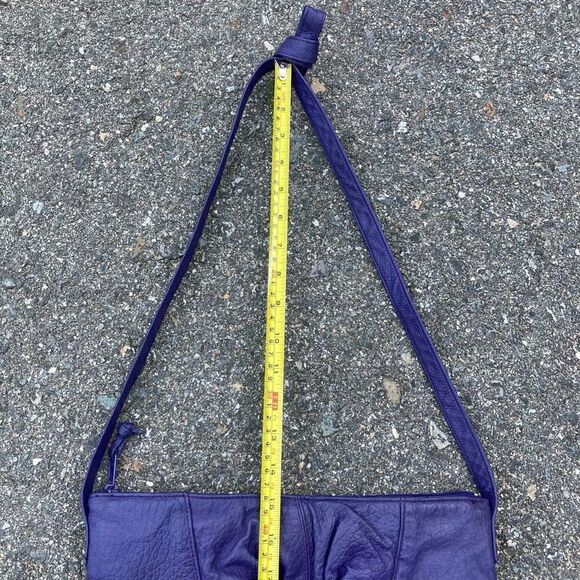 Empress, Vintage Purple Embossed Leather Shoulder Bag, Ruching & Tassel Accent - Picture 4 of 15